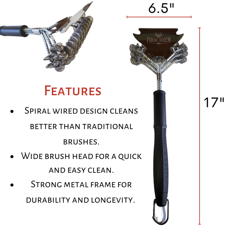 Four Oxen BBQ Bristle Free Grill Brush and Scraper  – 16.5” Stainless Steel Brush
