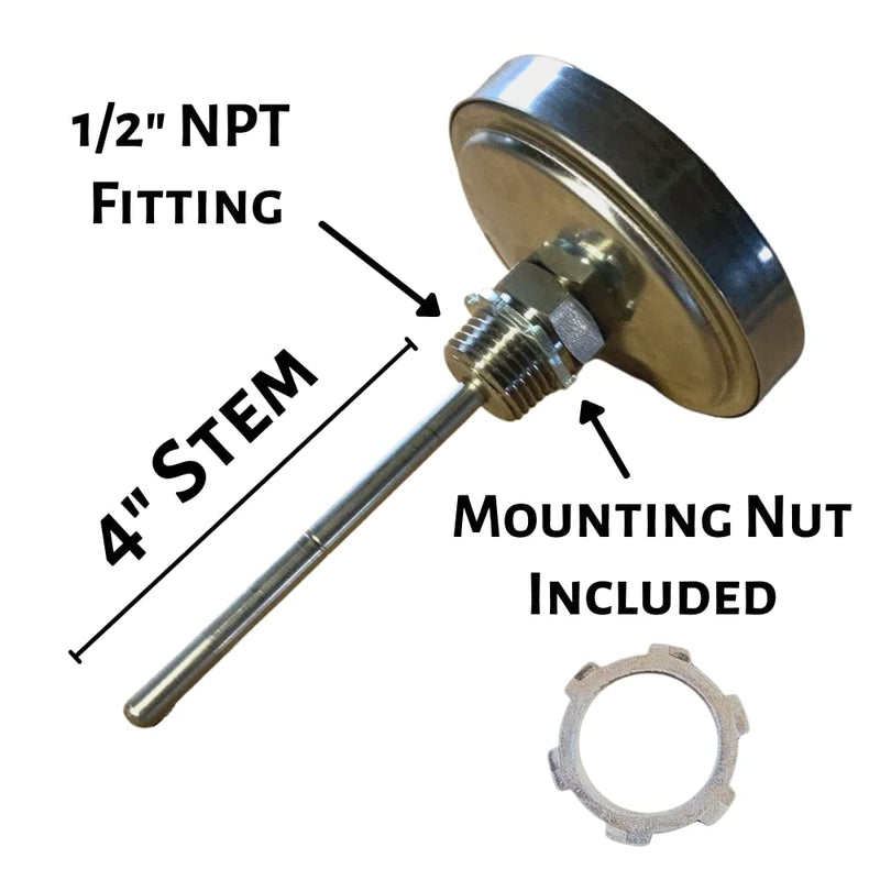 Four Oxen BBQ Grill Thermometer, 3-inch Aluminum Zoned Dial, 4-inch Stem, 100/500 Degrees F Temperature Gauge for Barbecue Pits, Smokers, and Cookers