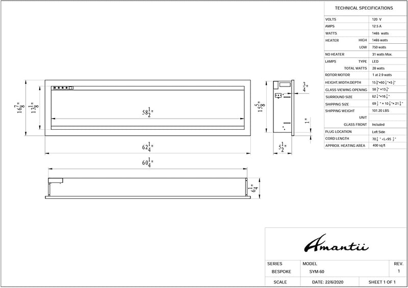 Amantii SYM-60-BESPOKE Symmetry Series Bespoke 60-Inch Built-in Electric Fireplace with Remote, Ember Media, Black Steel