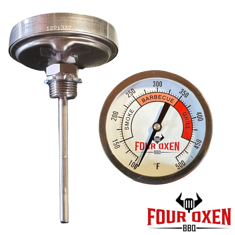 Four Oxen BBQ Grill Thermometer, 3-inch Aluminum Zoned Dial, 4-inch Stem, 100/500 Degrees F Temperature Gauge for Barbecue Pits, Smokers, and Cookers