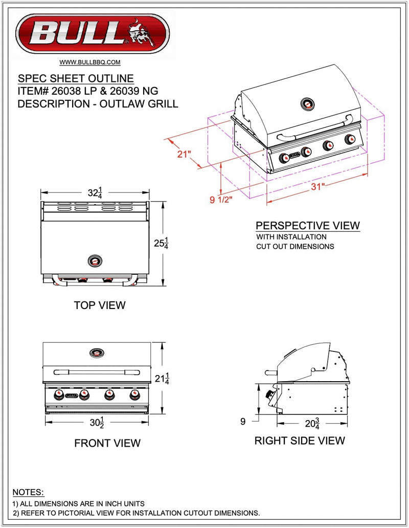 BULL Grills Outlaw Series Built-In Outdoor Grill, Natural Gas - Bull 26039