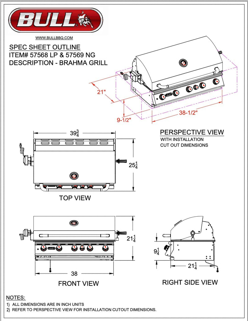 BULL Grills Brahma Series 90,000 BTU Built-In Outdoor Grill Head, Liquid Propane - Bull 57568